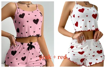 Women's Pajamas Set Sleepwear 2 PCS Short Tank Tops And Shorts S M L White Ventilate Soft Casual Love Printing 16
