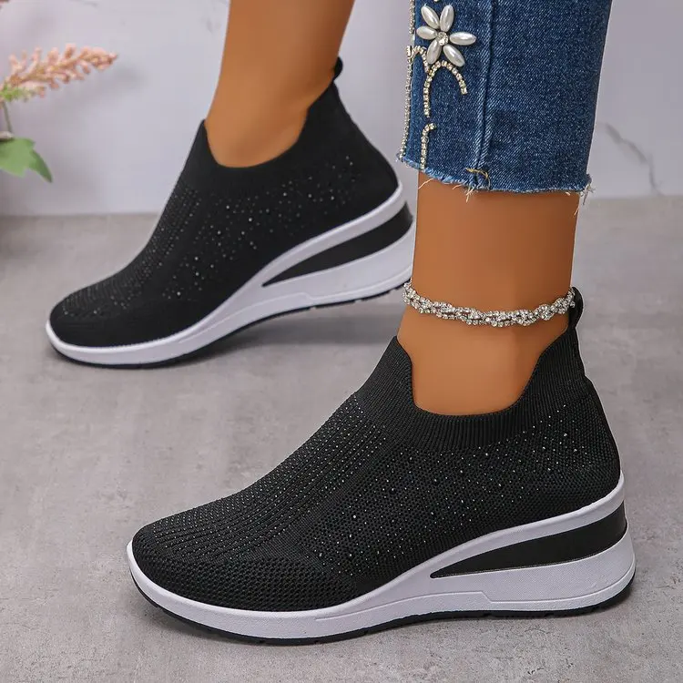 Damen-Sneaker mit Strass-Verzierung und Keilabsatz, Slip-On, Atmungsaktive Walkingschuhe, Bequeme Plateau-Keilabsätze für Alltägliche Freizeitkleidung – Detail 5