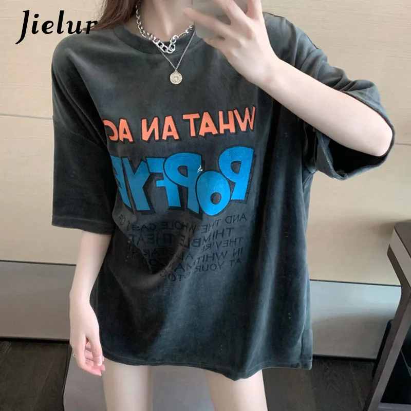 

Korean Style T Shirt Women Tops Letter Print Female T-shirts Fashion White Gray Casual BF Loose Short Sleeve Tee Shirt Femme
