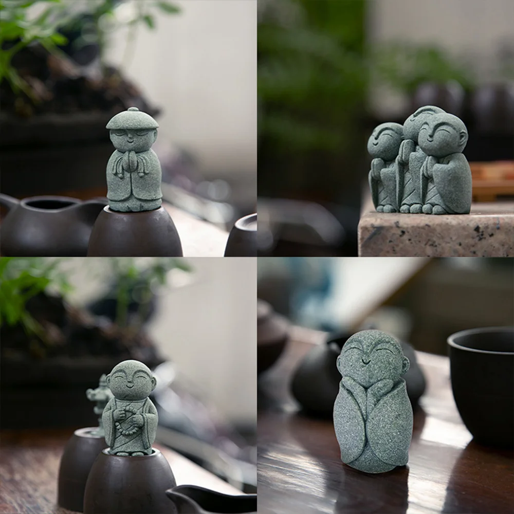 Mini Statua Buddha In Arenaria - Monaco Zen In Preghiera 6,5 Cm - Portafortuna Feng Shui Per Casa E Giardino - 2