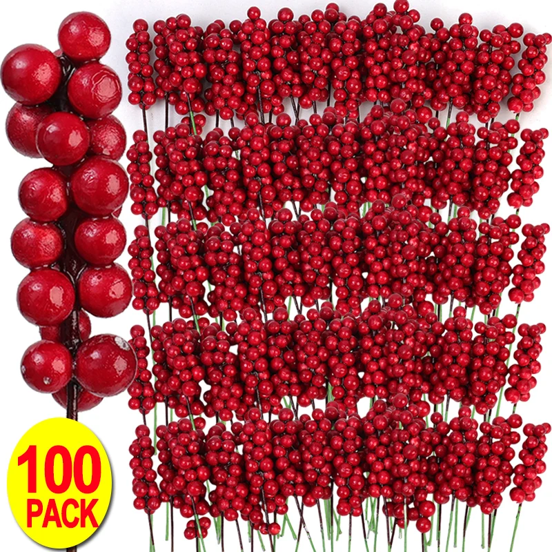 Description Picture 4 of itemArtificial Foam Berries Red Holly Berry Stems DIY Xmas Tree Wreath Fake Plants Fruit Bouquet Ornament Xmas Party Home Decoration
