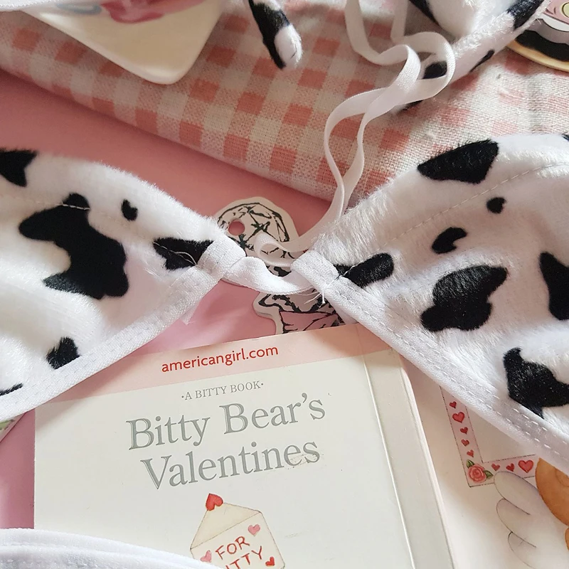 Japanese Underwear Anime Cos Flannel Cute Sexy Cow Lace Up Bandage Bikini Bra Set Womens Cosplay Lolita Kawaii Bra and Panty Set women lingerie,women lingerie set,women cosplay costume