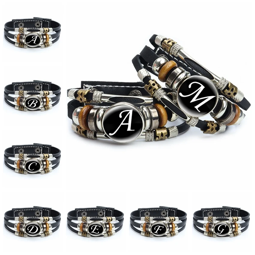 A-Z English Letters Leather Bracelet 26 Initial Letters Cabochon Glass Snap Bracelet for Men Women Couple