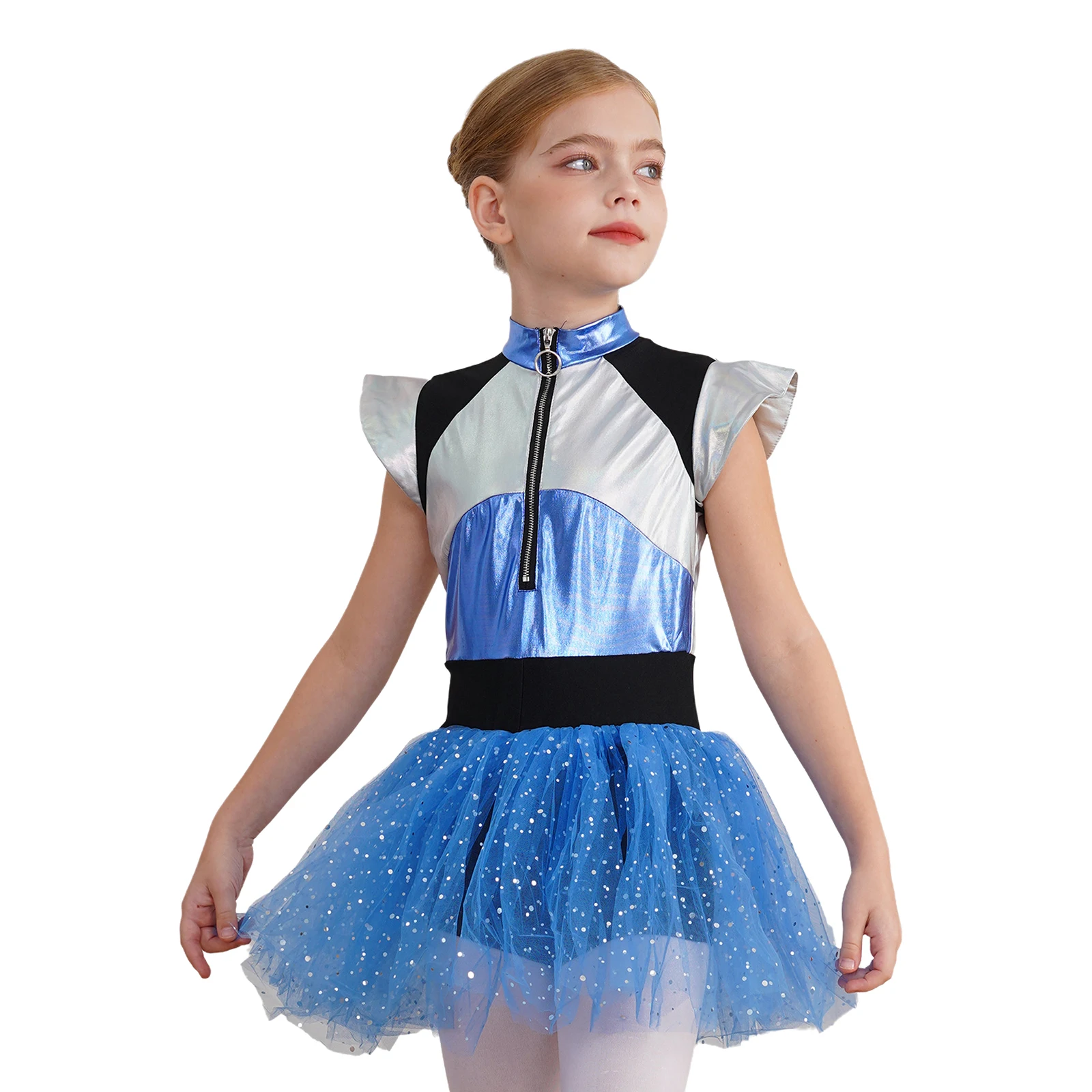 Description Picture 3 of itemKids Girls Cheerleading Uniform School Girls Cheer Dance Dress Short Sleeve Shiny Spangles Tutu Dress Bodysuit Alien Costume