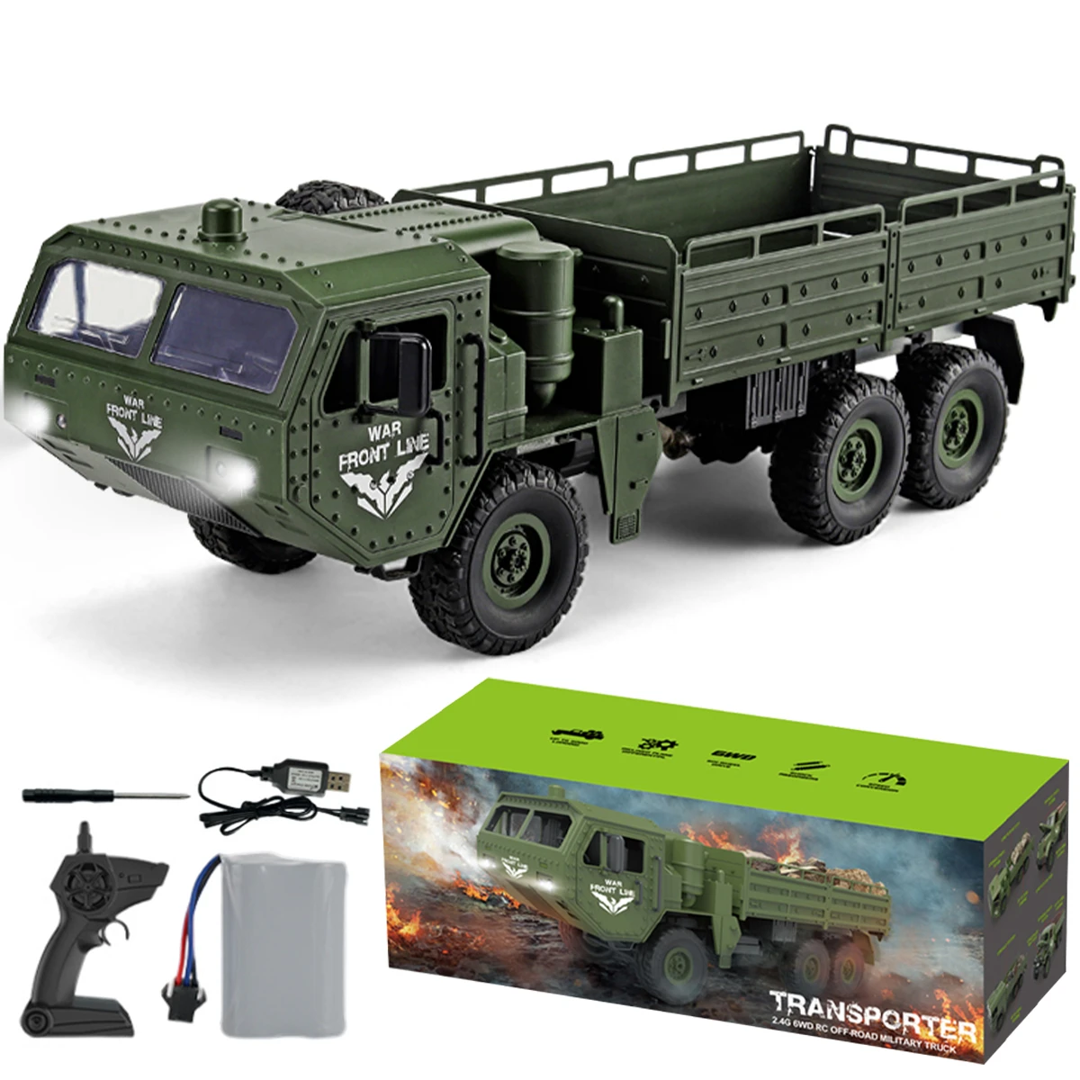 Rc Military Truck 6wd Rechargeable 2.4ghz Remote Control Army Car 15km/h 1/16 Scale Electric Rc