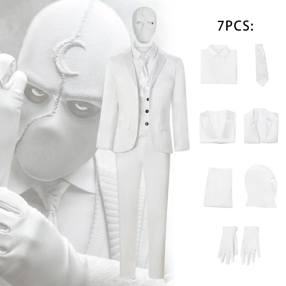 

Moive Moon Knight Cosplay Costume Shirt Vest Pants White Coat Gloves Tie Headgear Man Aldult Full Set Halloween Party Suit