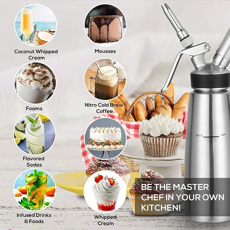 Cream Foam Gun 250/500/1000ml Cream Foam Gun Homemade Whipped Cream Dispenser Cake Piping Guns Siphon Squeeze Bottle Kitchen Dessert Tool