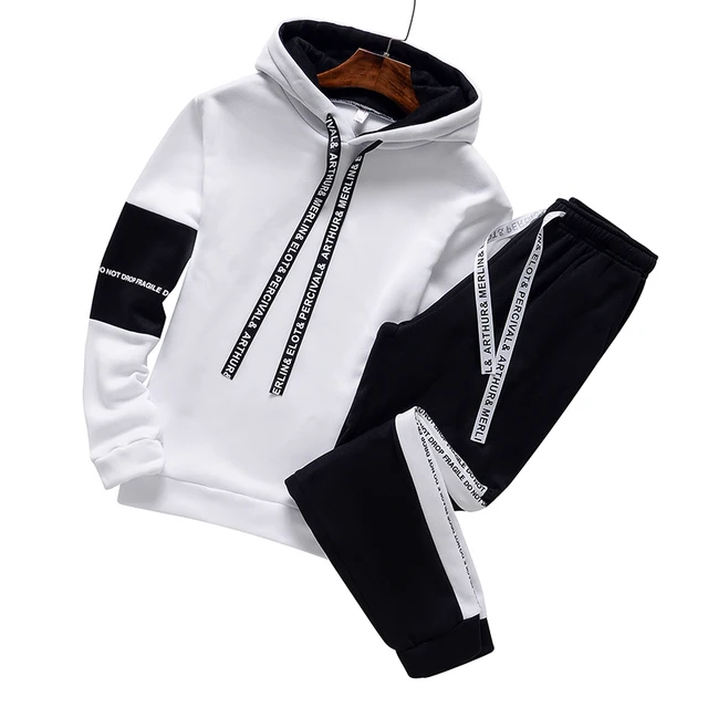 Blanco y Negro - Chándal de Moda 2 Piezas con Capucha para Hombre