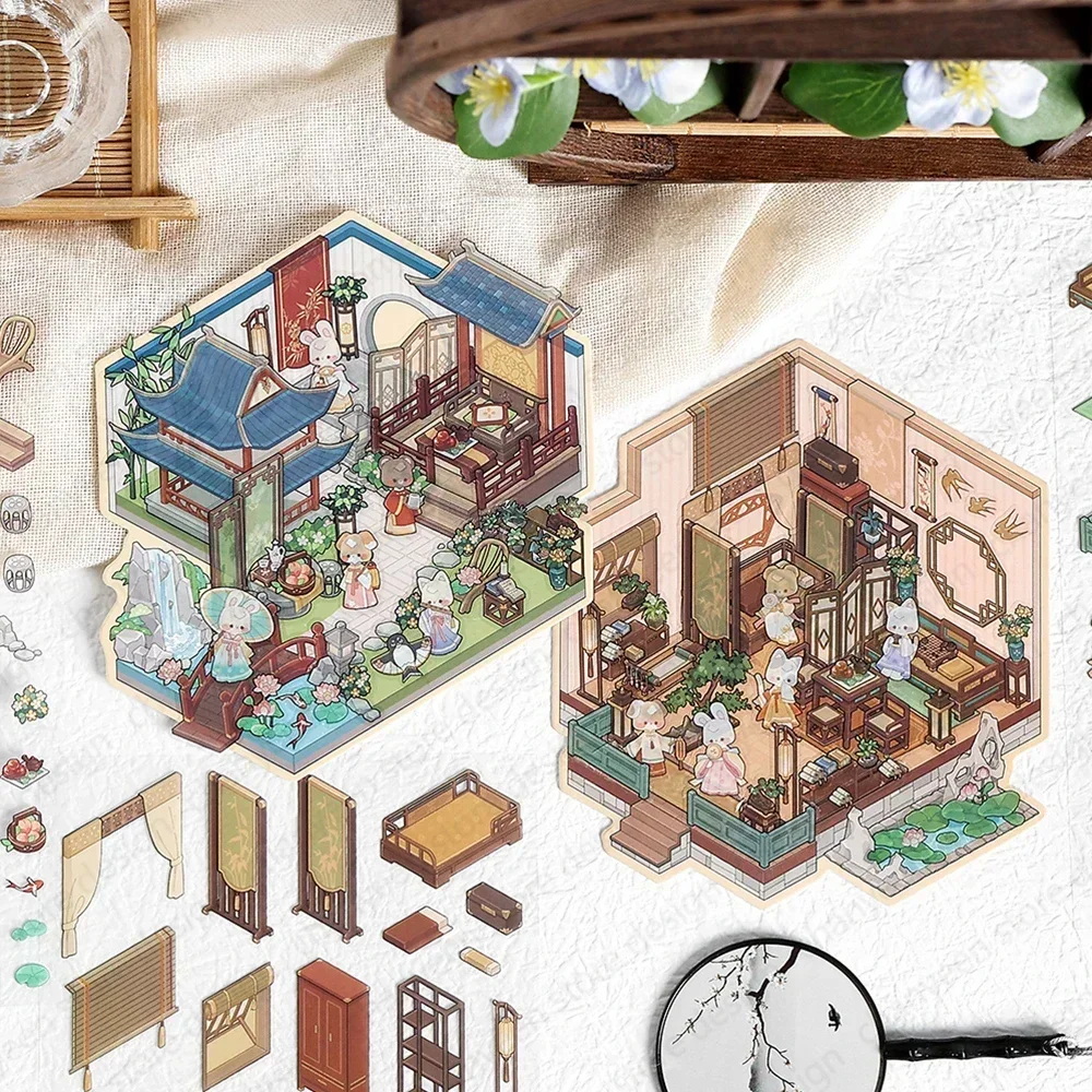 3D Cartoon Ancient Cottage DIY Miniature Scene Sticker Pocket Cabin Scene Stacking and Pasting Festival Gift for Kid Student