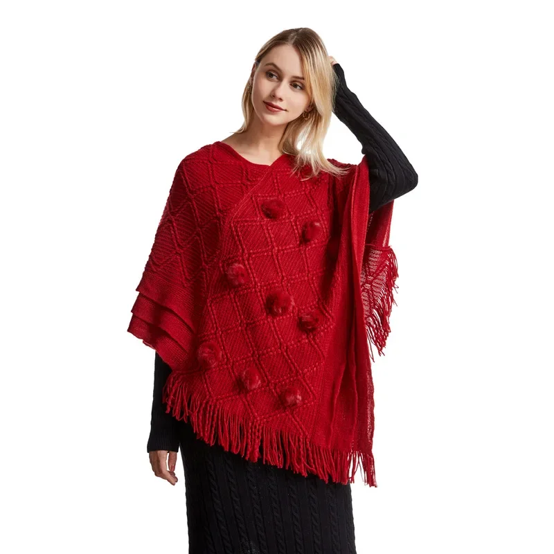 

Spring Autumn New European American Women Wool Ball Cloak Shawl Tassel Jacquard Knitted Coat Lady Cloak Fashion Selling Red