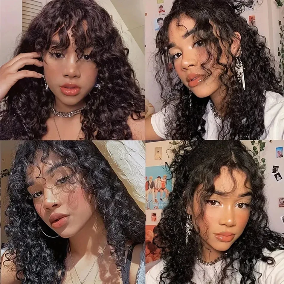 Parrucche di capelli umani ricci con frangia, parrucca brasiliana a onda d'acqua, interamente realizzata a macchina, pre-pizzicata, pronta da indossare, senza colla, per donne. - immagine 6