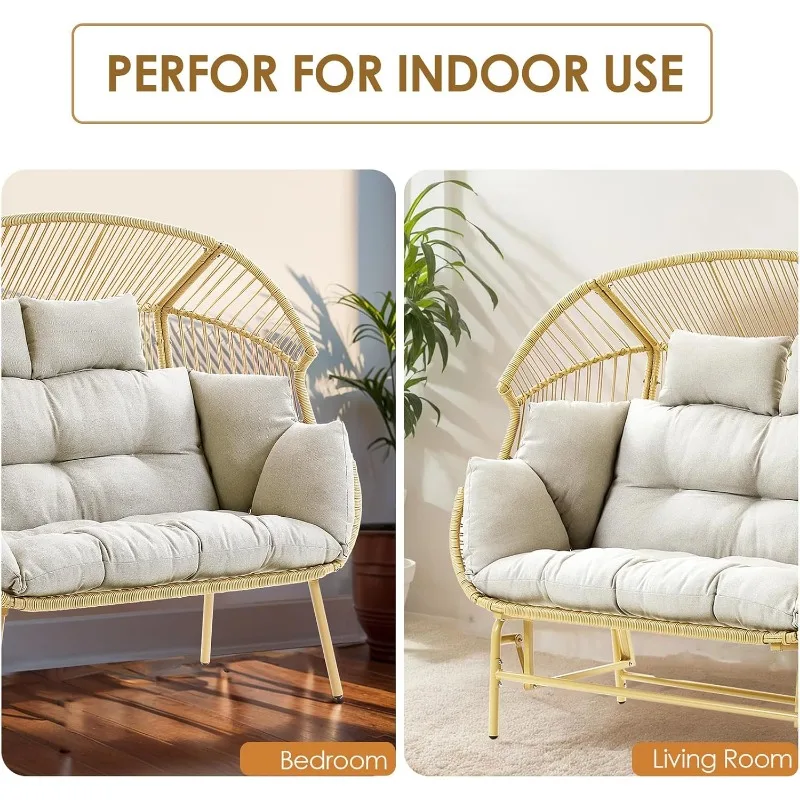Double Egg Chair Outdoor, 550lbs Capacity Oversized Indoor Outdoor Wicker Stationary Patio 2 Person Egg Chair for Patio