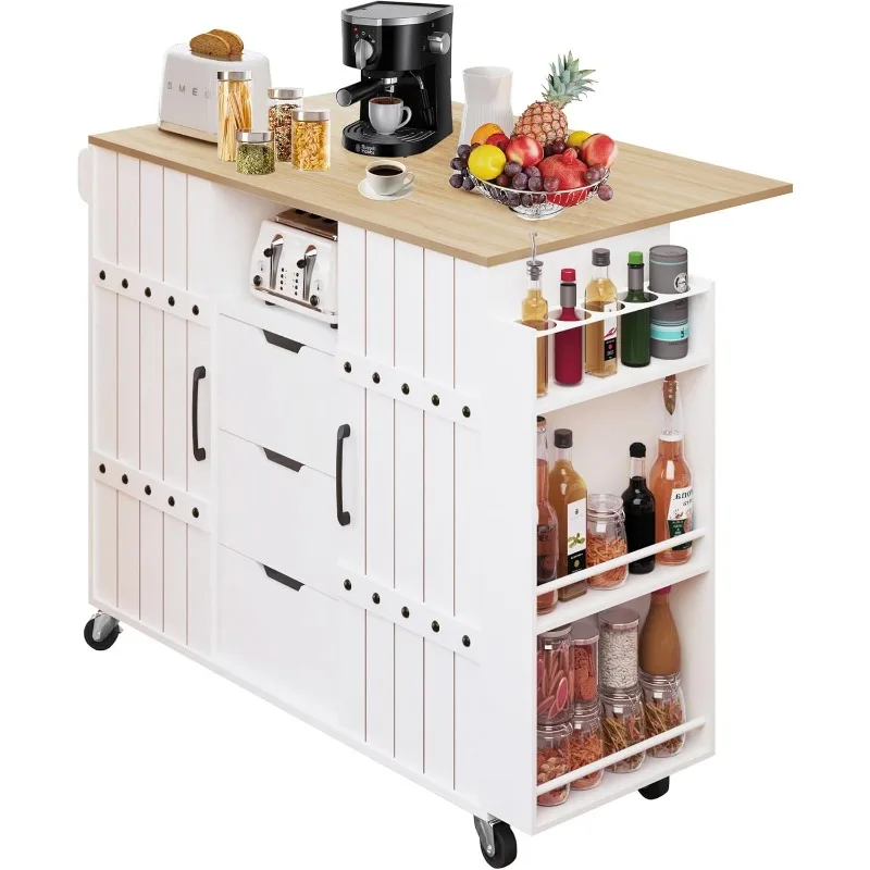 Large Kitchen Island with Storage, Rolling Kitchen Island Cart with Drop Leaf Countertop, Portable (47inch)