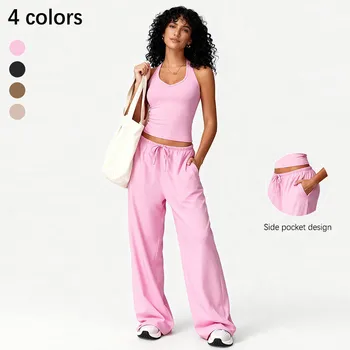 Women Gym Sets V Neck Vest Loose Trousers Suits Sports Workout Athletic Yoga Pants Training Casual 2 Pecs Tracksuits 1