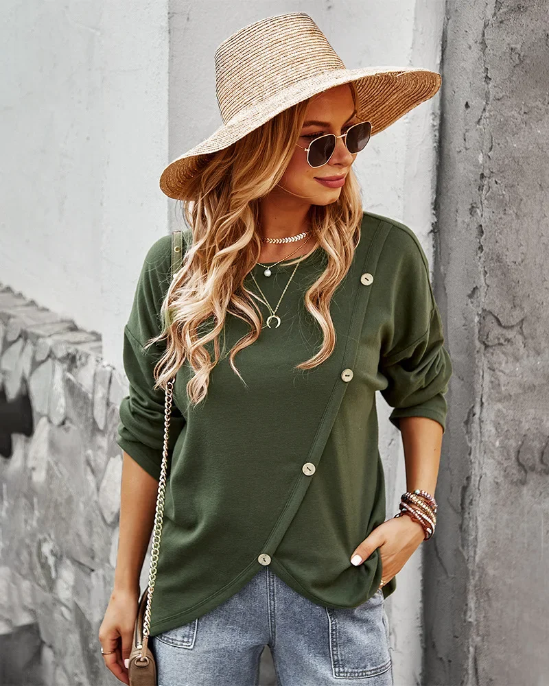 Autumn Winter Warm Irregular Pullovers Women Fashion Solid Colors Long Sleeve O-Neck Sweatshirts 2023 New Button Cotton Pullover