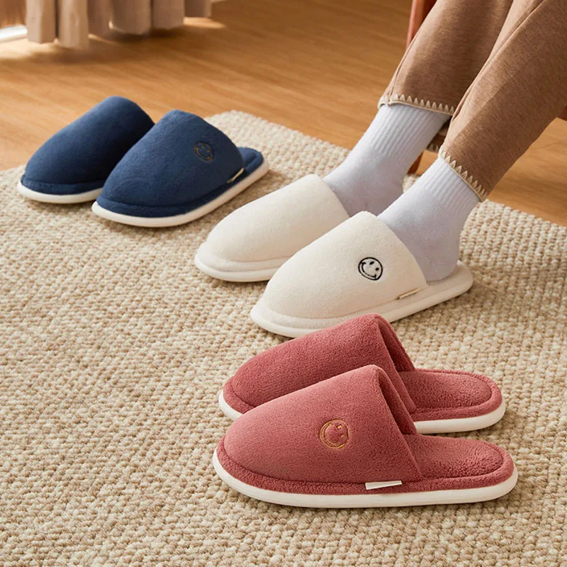 

New Couple Plush Slippers Autumn Winter Women Men Solid Flannel Slippers Warm Home Cotton Shoes Indoor Soft Flat Silent Slippers