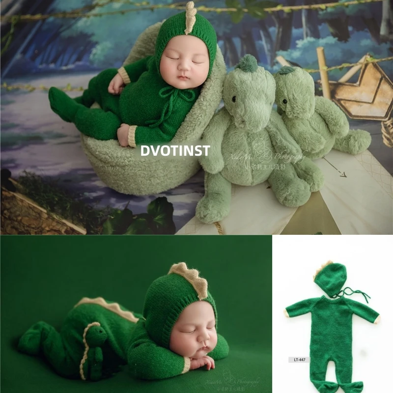 Dvotinst Newborn Baby Photography Props Dinosaur Outfit with Hat Green Cute Dolls Backdrop Theme Set Studio Shooting Photo Props dvotinst newborn photography props baby 2022 cute tiger theme backdrop outfit hat posing wrap set studio shooting photo props