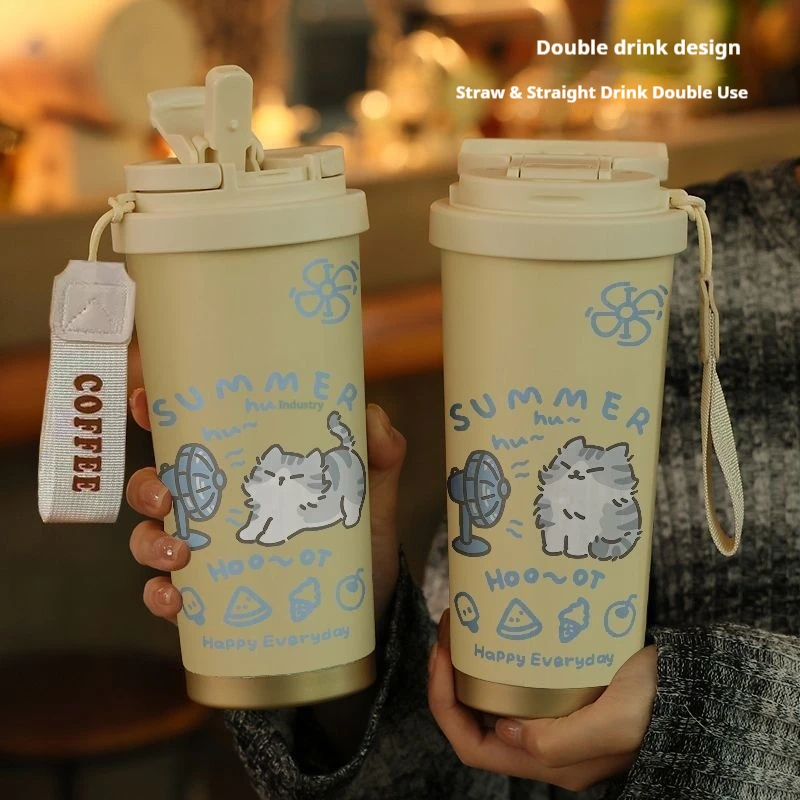 Two Cartoon Kitty Stainless Steel Travel Cups by KittyNook Cat Co., with cute "SUMMER" and "Happy Everyday" designs.