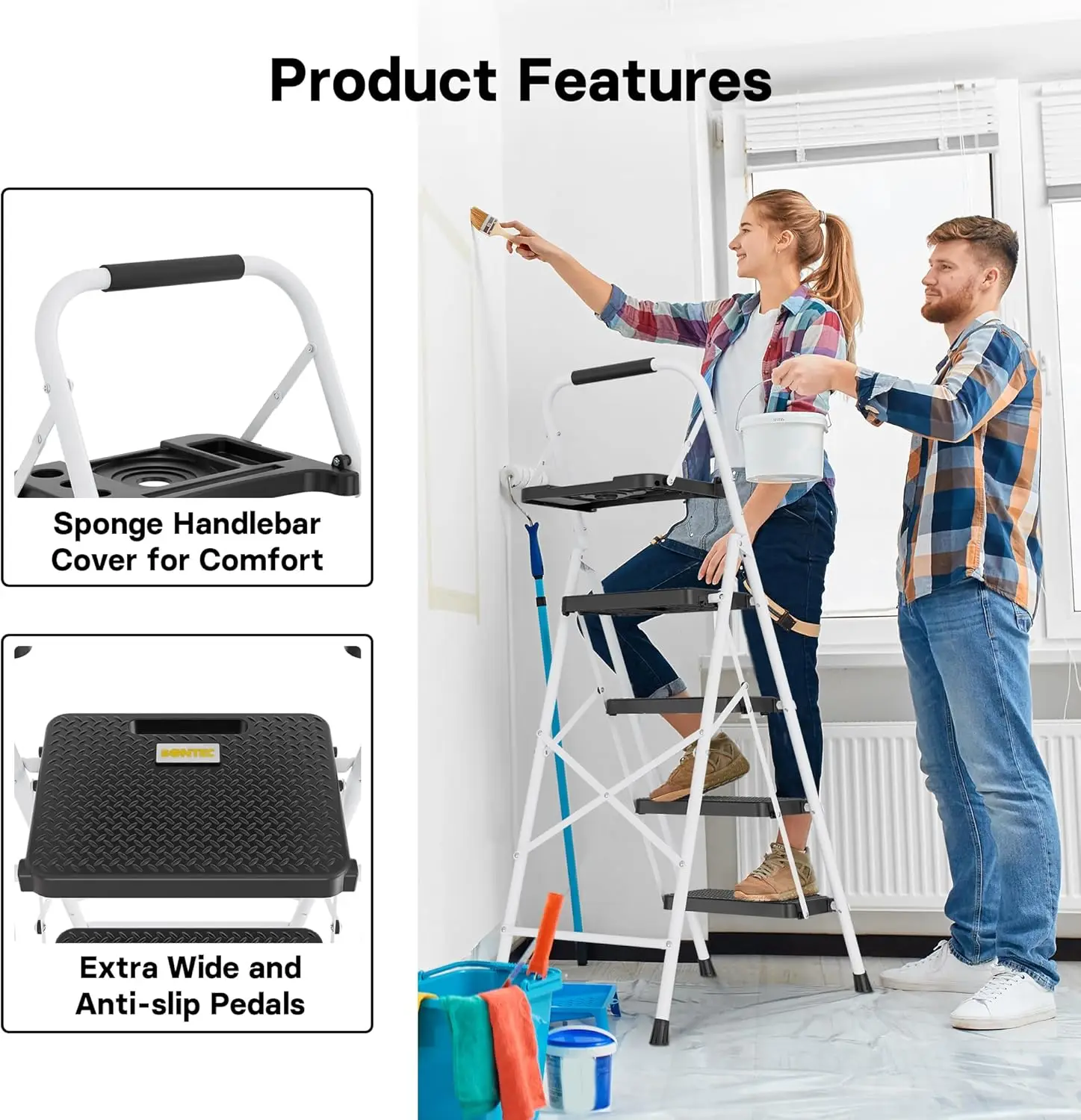 BONTEC 4-Step Ladder, Folding Step Stool with Tool Platform, Wide Anti-Slip Pedals, Max Load Capacity 400lbs Sturdy Steel Ladder