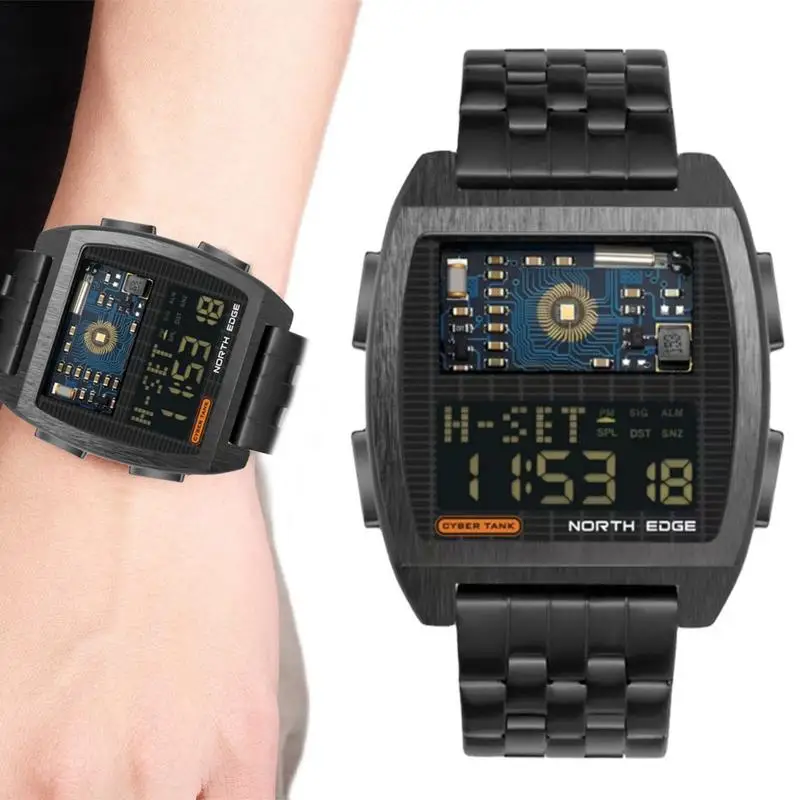 

Mens Wrist Watch Digital Black Stainless Steel Wristband Watch Mens Fashion Watch Retro Industrial Style 50M Waterproof Black