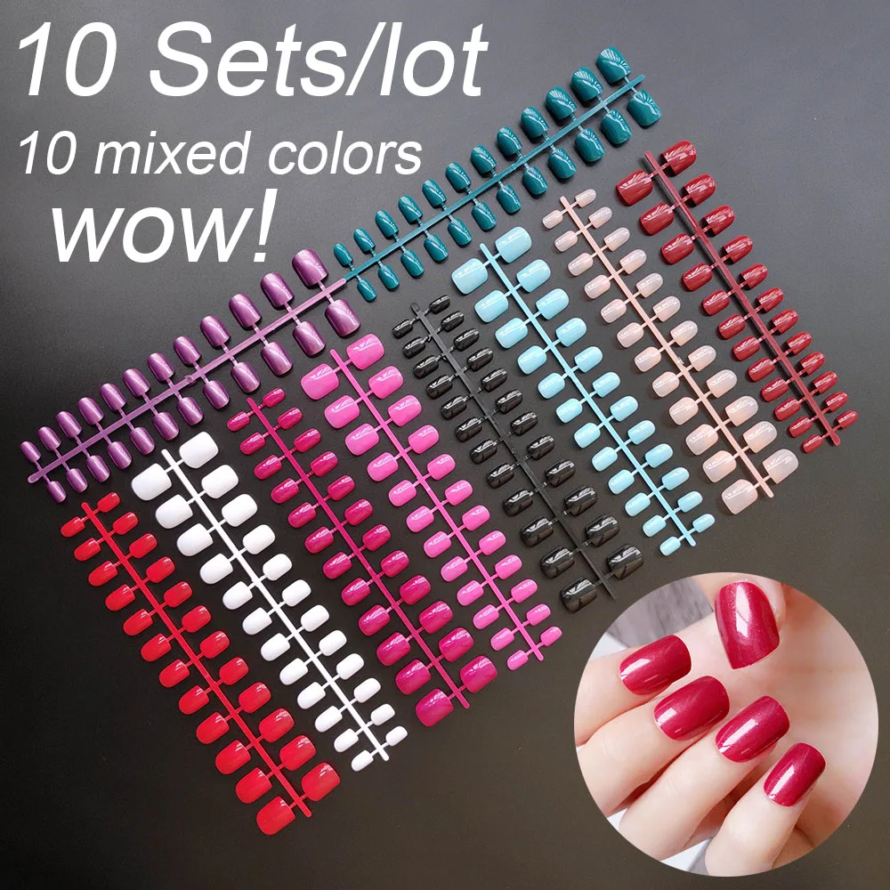 

10 Sets Of Mixed Colors Square False Nail Tips 24 pcs Per Set 10 Sizes Press On Fake Nails DIY Manicure