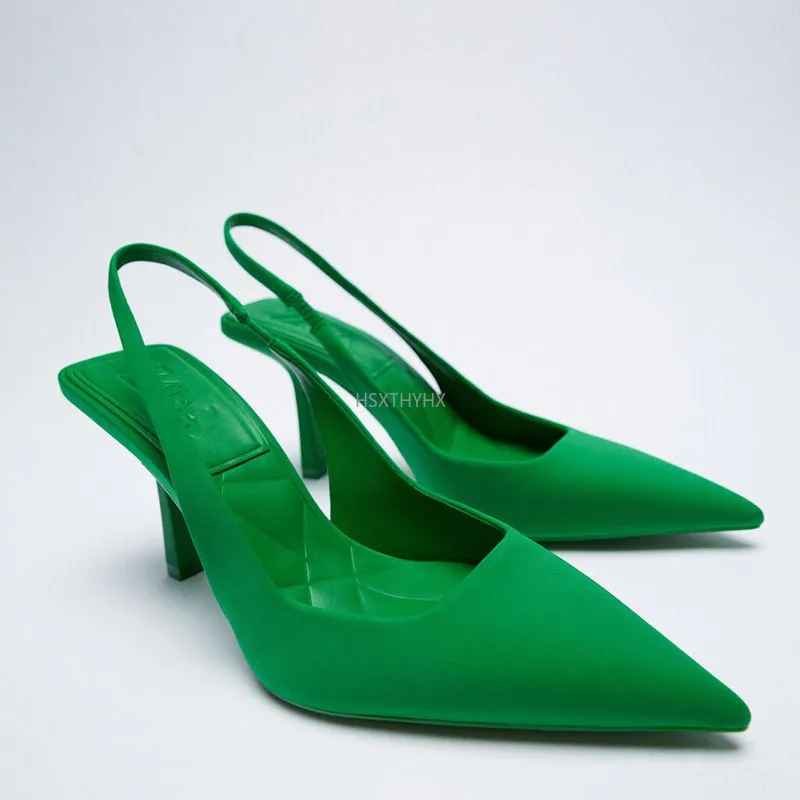 

2022 New Brand Women Pointed Toe Concise Slingback Pump Sandals Summer Thin Heel Big Red Purple Green Wedding Ladies Shoes