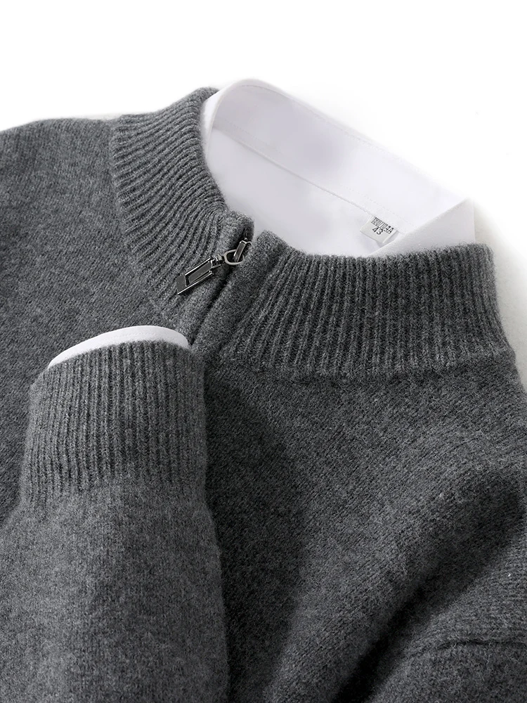 Men Mock Neck Zipper Sweaters 100% Merino Wool Pullover Casual Fashion Clothing Autumn Winter Thick Cashmere Knitwear Tops