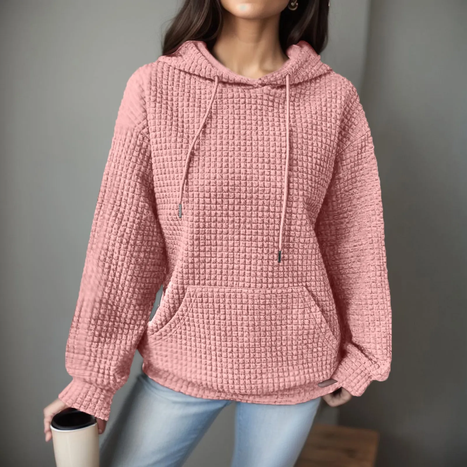 

Casual Women Waffle Hoodies Autumn Winter Long Sleeve Hooded Oversized Sweatshirts Fashion Loose Pocket Solid Hoodie Streetwear