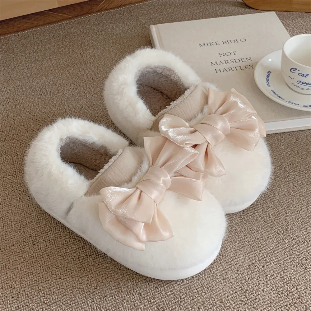 

ASIFN Women's Cotton Slippers Sweet and Cute with A Bow and A Casual Soft Sole for Keeping Warm At Home Plush Shoes in Winter