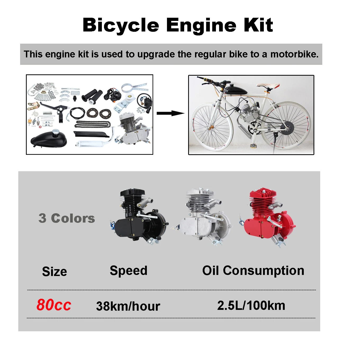 80CC Fahrradmotor Kits, 2-Takt-Benzin-Motor-Kits, Fahrrad Benzinmotor Kit,  Höchstgeschwindigkeit 38km/h für Motorisierte Fahrräder : : Auto &  Motorrad