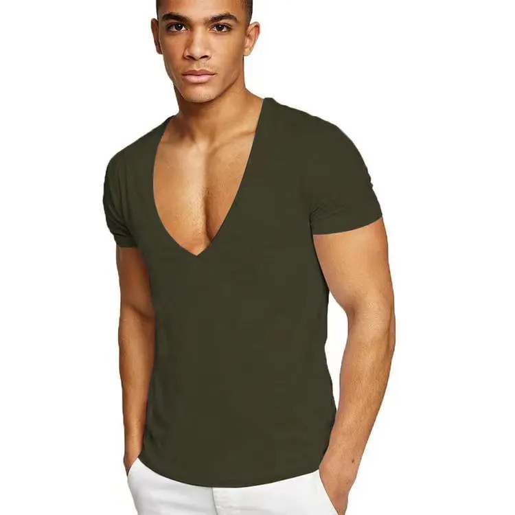 

men's deep V-neck pure cotton T-shirt summer solid color fitness sports tshirt running physical training undershirt