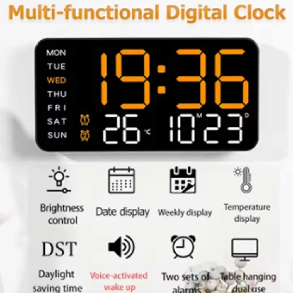 Enhanced Voice-Controlled LED Wall Clock with Large Display, Temperature, Alarm, and 12/24H Format