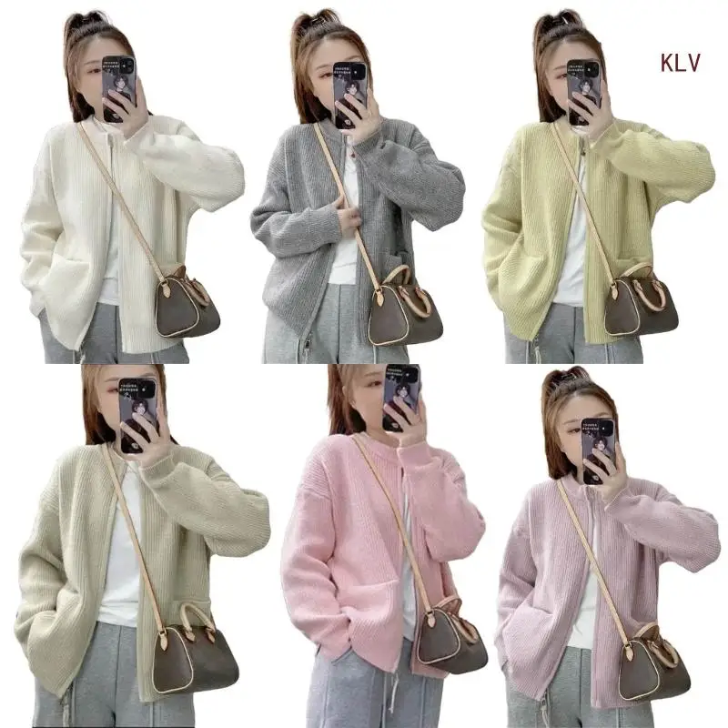 

Женский однотонный свитер на молнии с круглым вырезом, кардиган, осень-зима, теплые вязаные куртки с длинными рукавами, пальто с