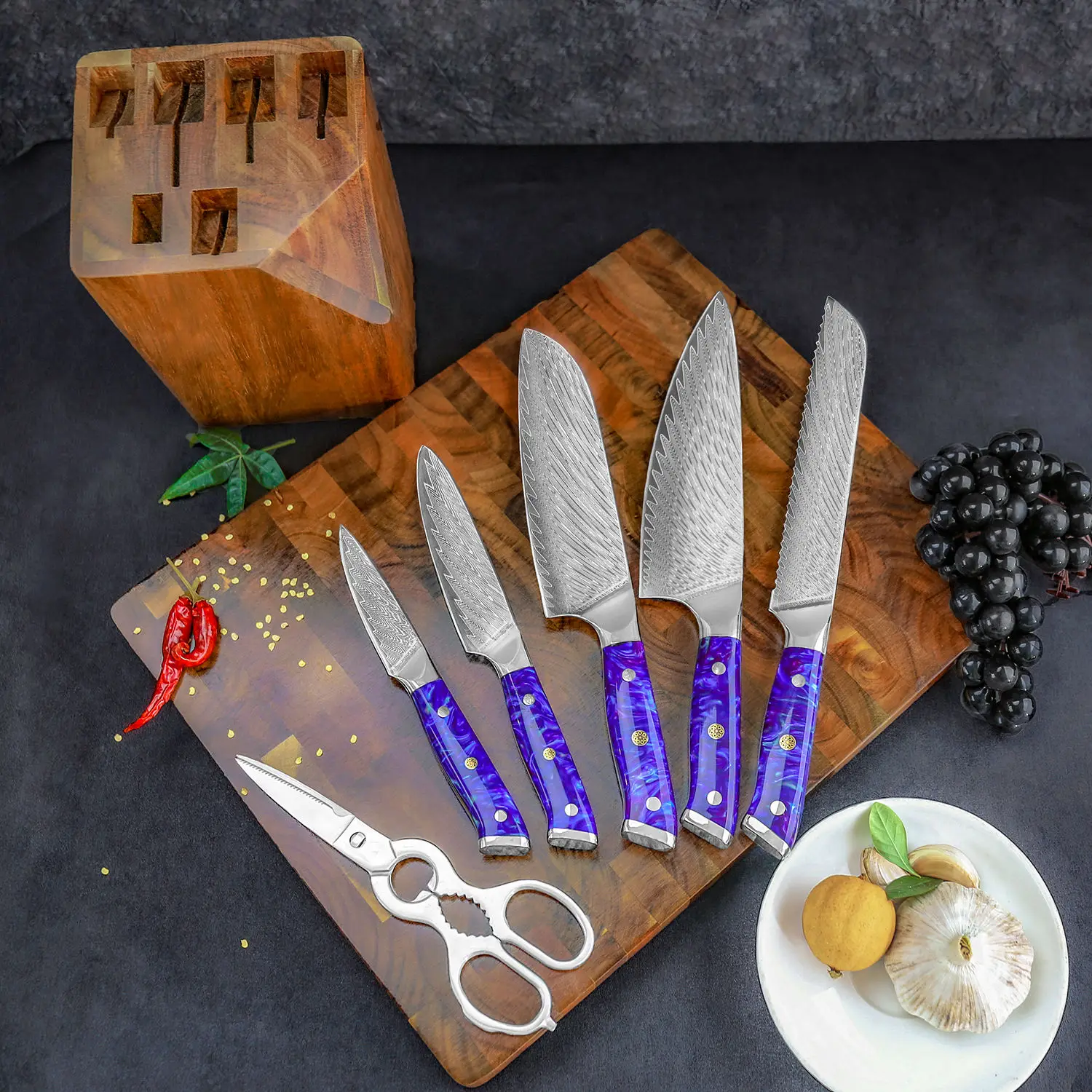 

Professional 7pcs Blue Resin Handle Japanese Chef Knives Damascus Steel Kitchen Knife with Knife Holder