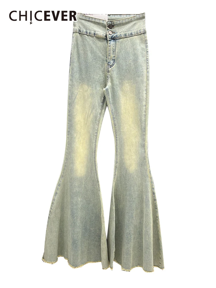 

CHICEVER Do Old Denim Flare Pants For Women High Waist Patchwork Button Vintage Hit Color Slimming Long Jeans Female Summer New