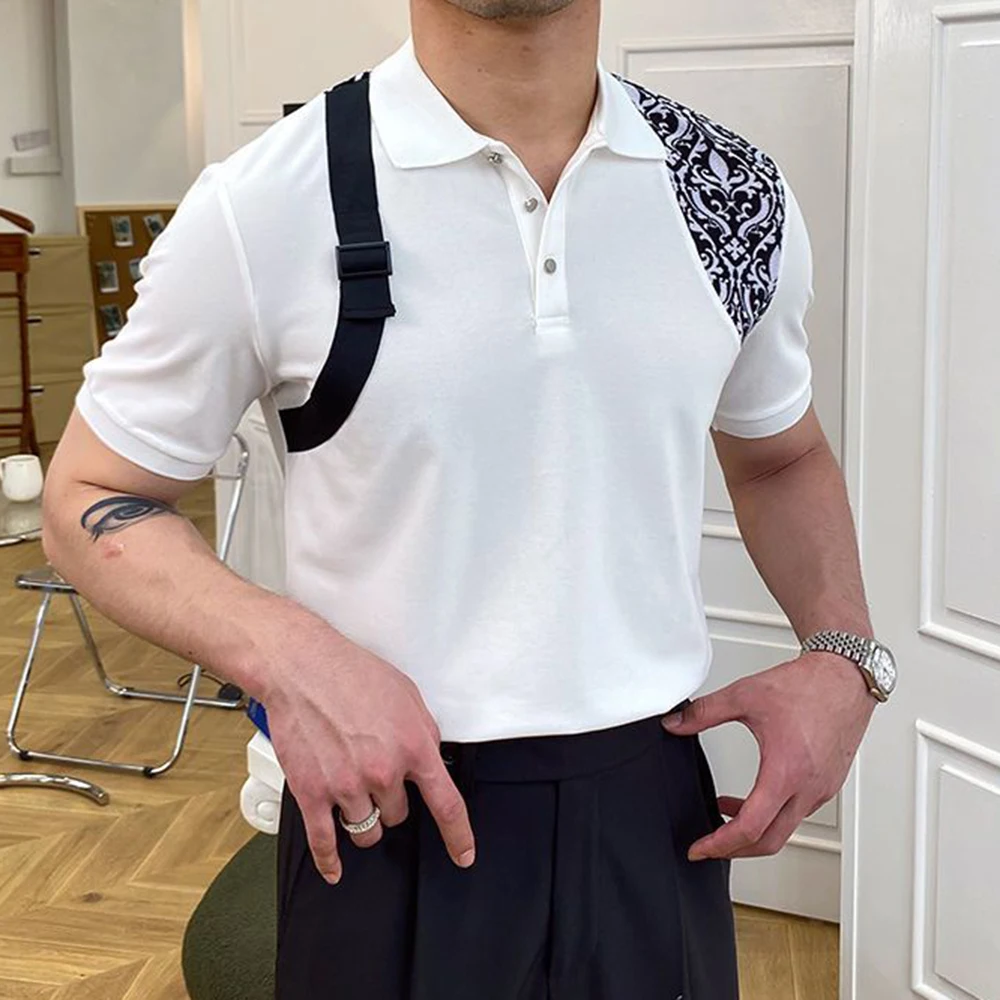 

British Slim Short-sleeved Personality Shoulder Strap T-shirt Men's Knitted POLO Shirt Business Simple Summer Casual Breathable