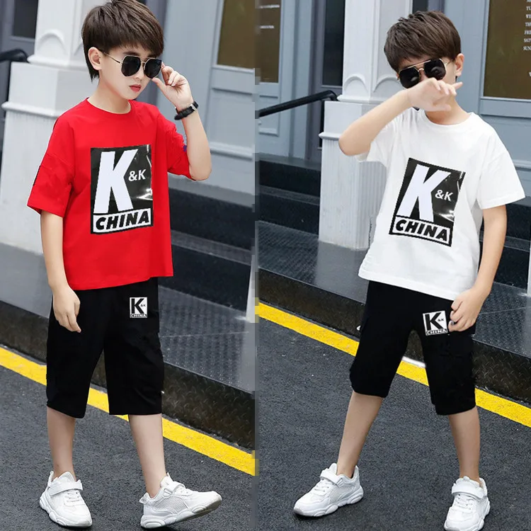 

Boys Summer Short-Sleeved Suit Sports Two-Piece Boy Seven-Point Shorts Middle-Aged Children's Casual Running Clothes