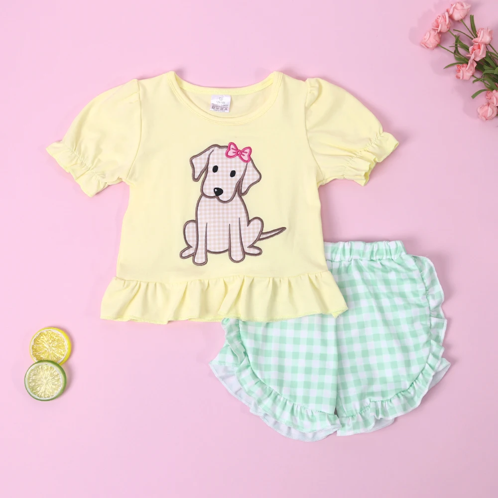 Boutique Baby Kids Cotton Short Sleeved Yellow T-shirt Set Round Neck Puppy Printing Boy Top Clothes And Green Stripe Short Suit