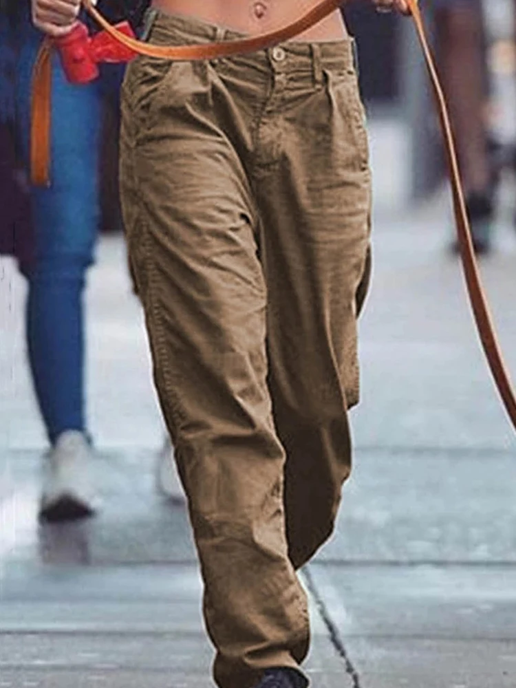 Women's Fashion Cargo Pant Summer Harajuku Loose Solid Trousers Lady Elastic High Waist Pocket Casual Straight Pants Streetwear