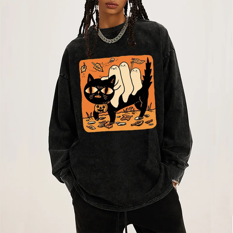 Unisex Casual Washed Pullover Halloween Printed Round Neck Long Sleeve T-shirt Loose Hooded Sweatshirt