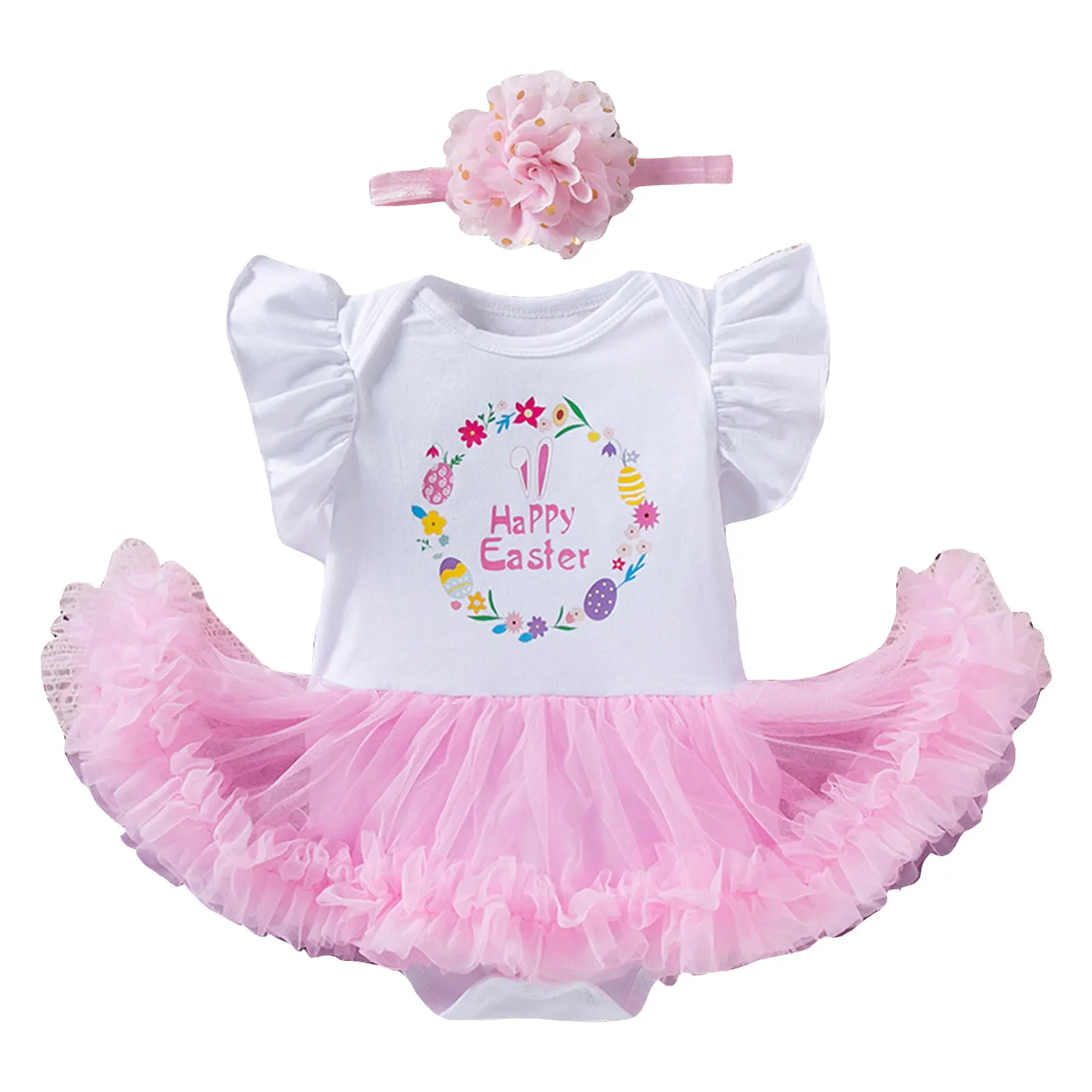 

ZDHoor Baby Girls Soft Cotton Clothes Set Flutter Sleeve Bunny Pattern Tutu Dress Romper Bodysuit with Bow Headband Set