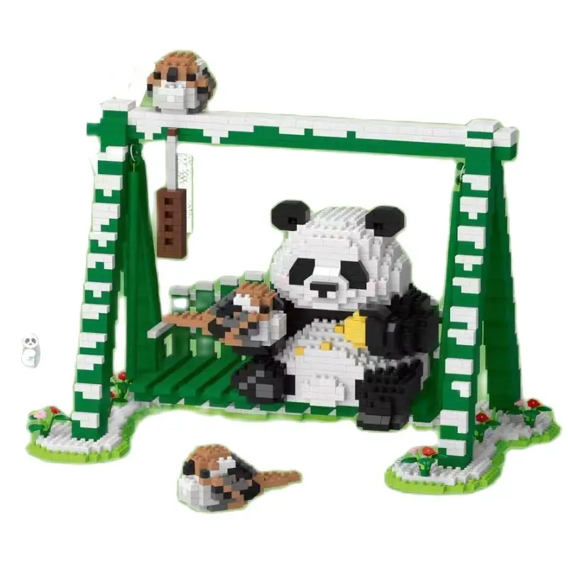 

Cute Panda Play on a Swing Micro Building Blocks Kawaii Ailuropoda melanoleuca Mini Animal Bricks Children Toys Home Decoration