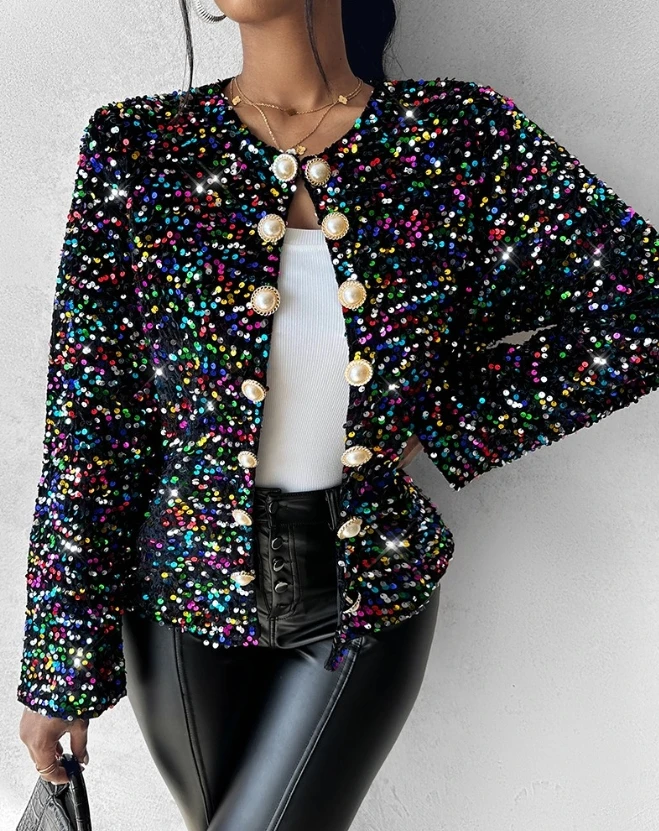 Colorful Full Sequin Color Block Contrasting Coat, New Hot Selling Fashion Casual New Long Sleeved Button Up Women's Clothing