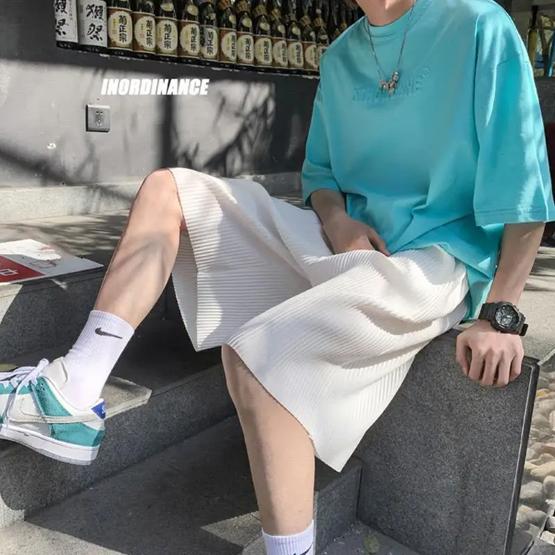 Summer Elegant Fashion Harajuku Slim Fit Ropa Hombre Loose Casual All Match Sports Shorts Solid Pockets Ice Shreds Trousers