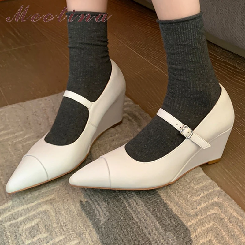 

Meotina Women Genuine Leather Mary Janes Pumps Pointed Toe Wedges High Heels Buckle Ladies Fashion Shoes Spring Autumn Silver 40