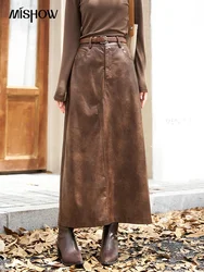 MISHOW Women's PU Leather Skirt 2023 Autumn Retro Back Slit High Waist Pockets Solid A-line Ankle-Length Midi Skirts MXC45B0138