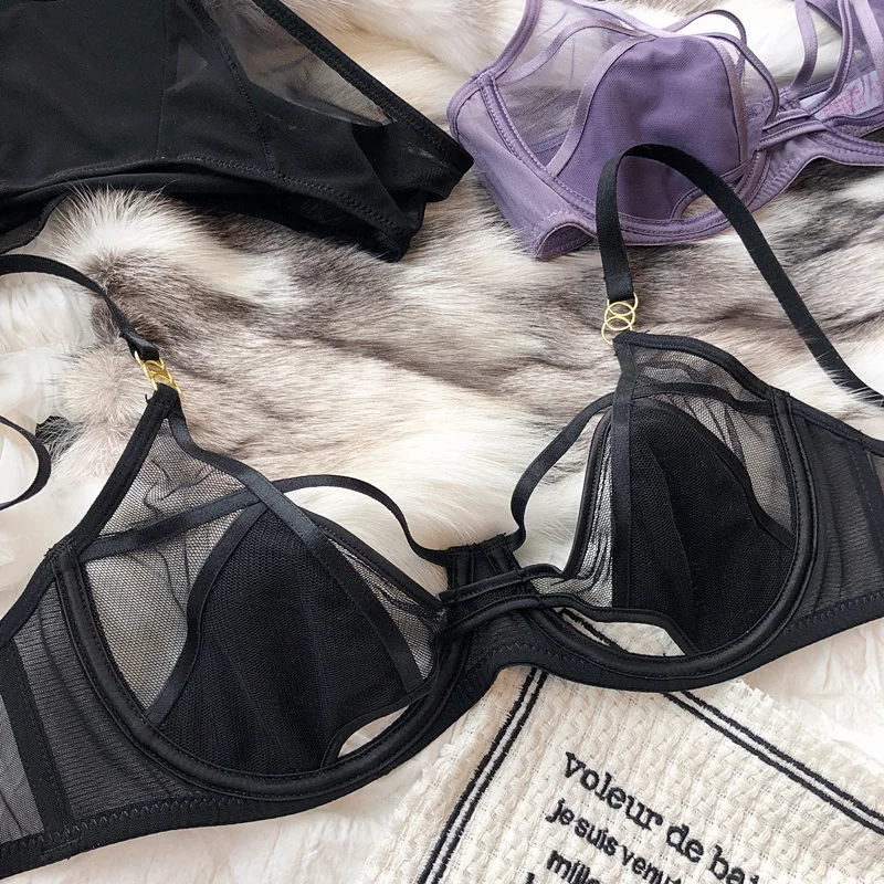 Sexy Hollow Lingerie Set French Ultra Thin Women Bra Summer Breathable Purple Plus Size 95CD Cup Underwear Push Up Brassiere
