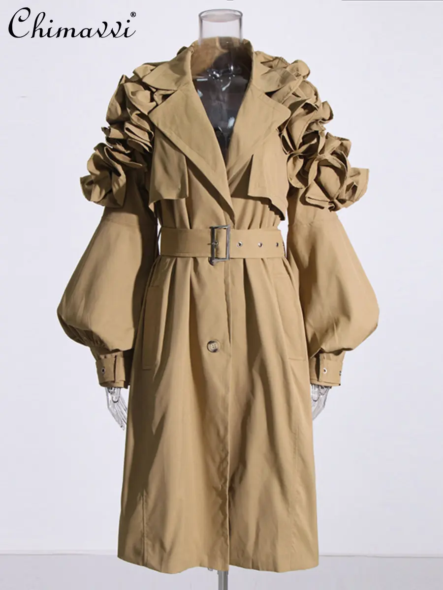 

Office Lady Mid-Length Trench Coat 2023 Spring Autumn New Fashion Polo Collar Long Sleeve Ruffled Slim Fit Overknee Coat Female
