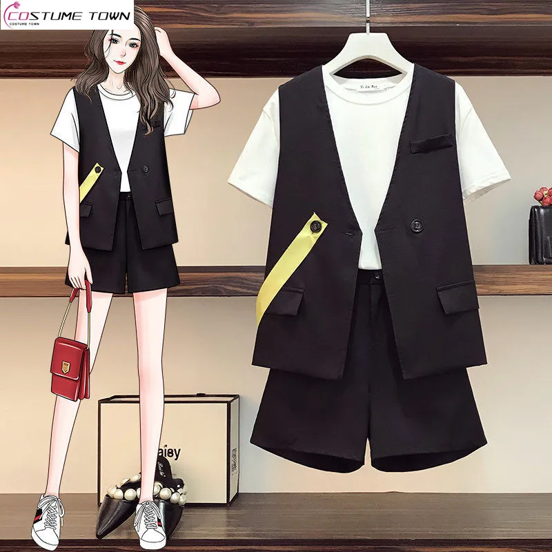 Fashion Women's Suit Spring and Summer 2023 New Korean Version Slim Vest Casual T-shirt Shorts Suit Elegant Women's Three-piece