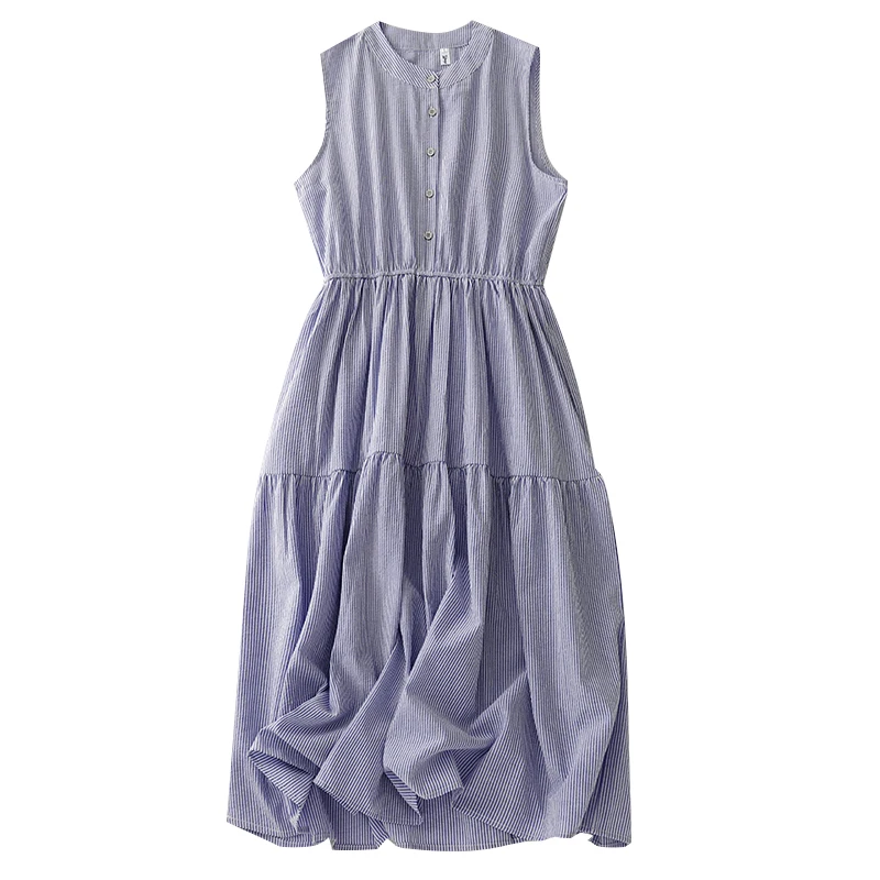 Cotton Vintage Sleeveless Striped Dress Women 2025 Summer Casual Long Dresses Office Lady Femme Robe Vestidos Fashion Clothing